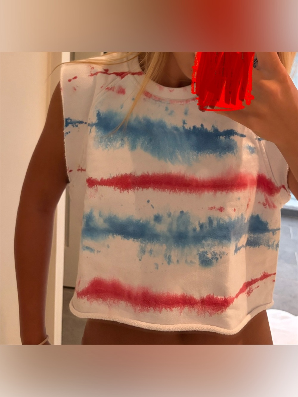 White KOCH Cropped Tank with Red and Blue Watercolor Stripes